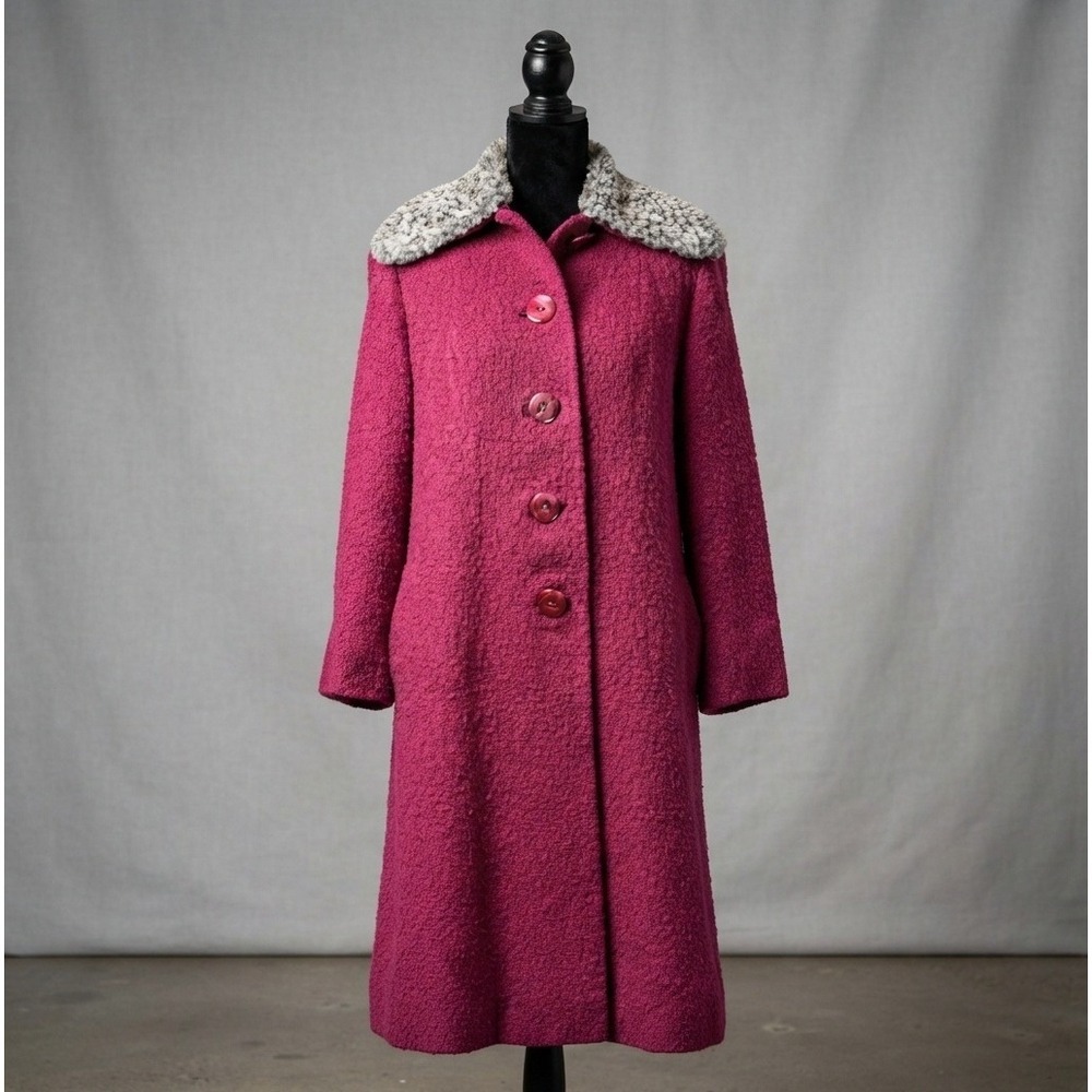 Vintage Shagmoor Wool Coat Small Magenta Pink Faux Fur Collar Retro Overcoat